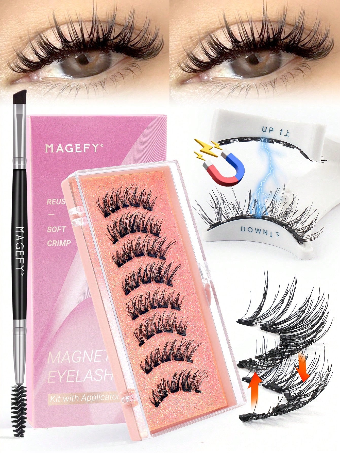 MAANGE 3/1 Pair Natural Short Magnetic Eyelashes Set (Includes Brow Brush + Applicator), Cat Eye False Eyelashes, Portable, Natural & Realistic, Reusable, No Glue Or Makeup Remover Needed, Creates Nat