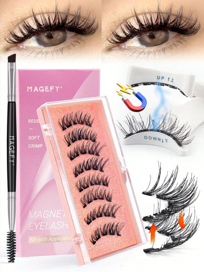 MAANGE 3/1 Pair Natural Short Magnetic Eyelashes Set (Includes Brow Brush + Applicator), Cat Eye False Eyelashes, Portable, Natural & Realistic, Reusable, No Glue Or Makeup Remover Needed, Creates Nat