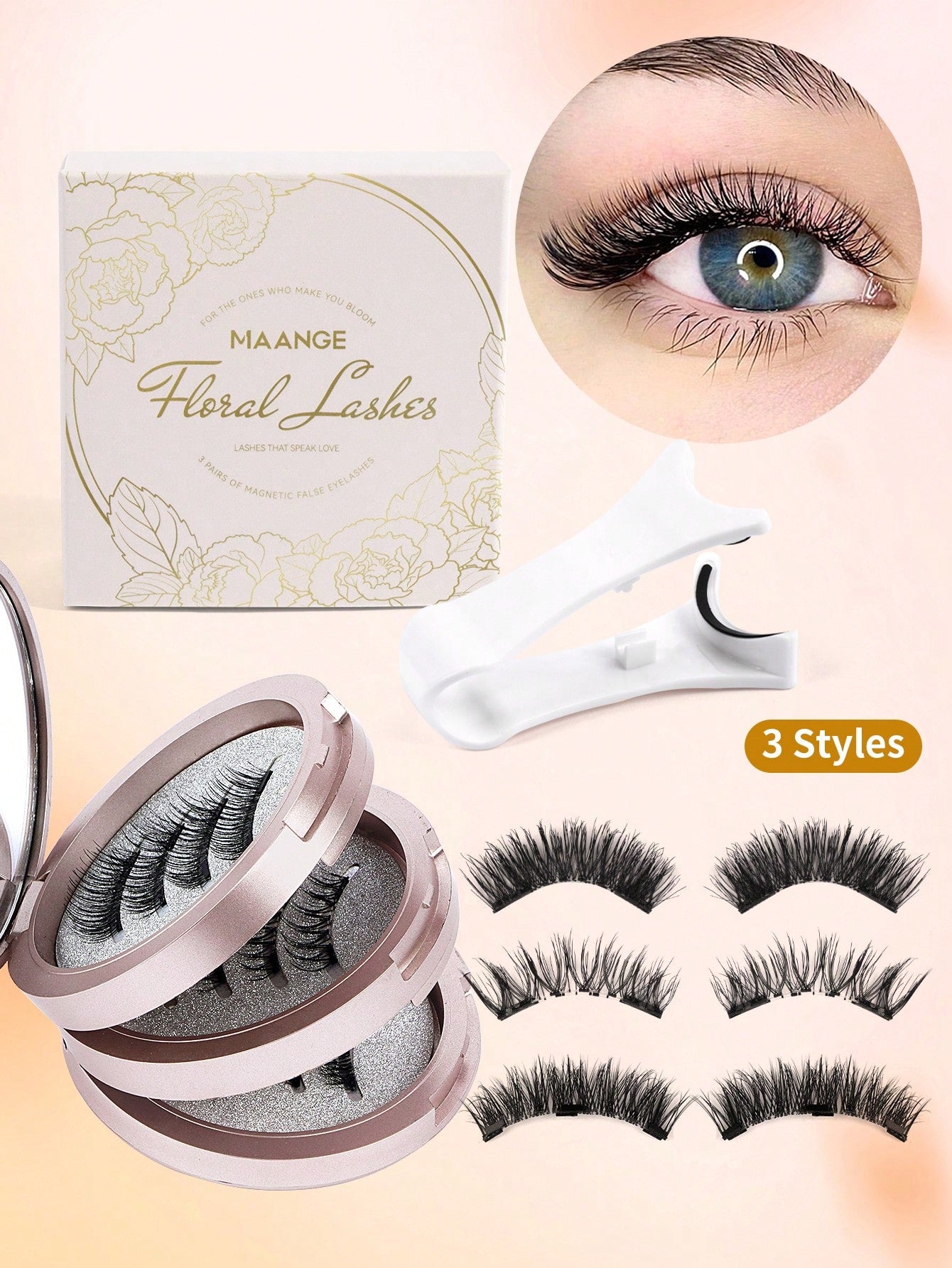 MAANGE 3 Pairs CC Voluminous Curly Magnetic False Eyelashes Set, With Reusable Eyelash Applicator, No Glue Needed, Cartoon Style False Eyelashes, Perfect Fit For Eye Contour, Natural Cartoon Style Fal