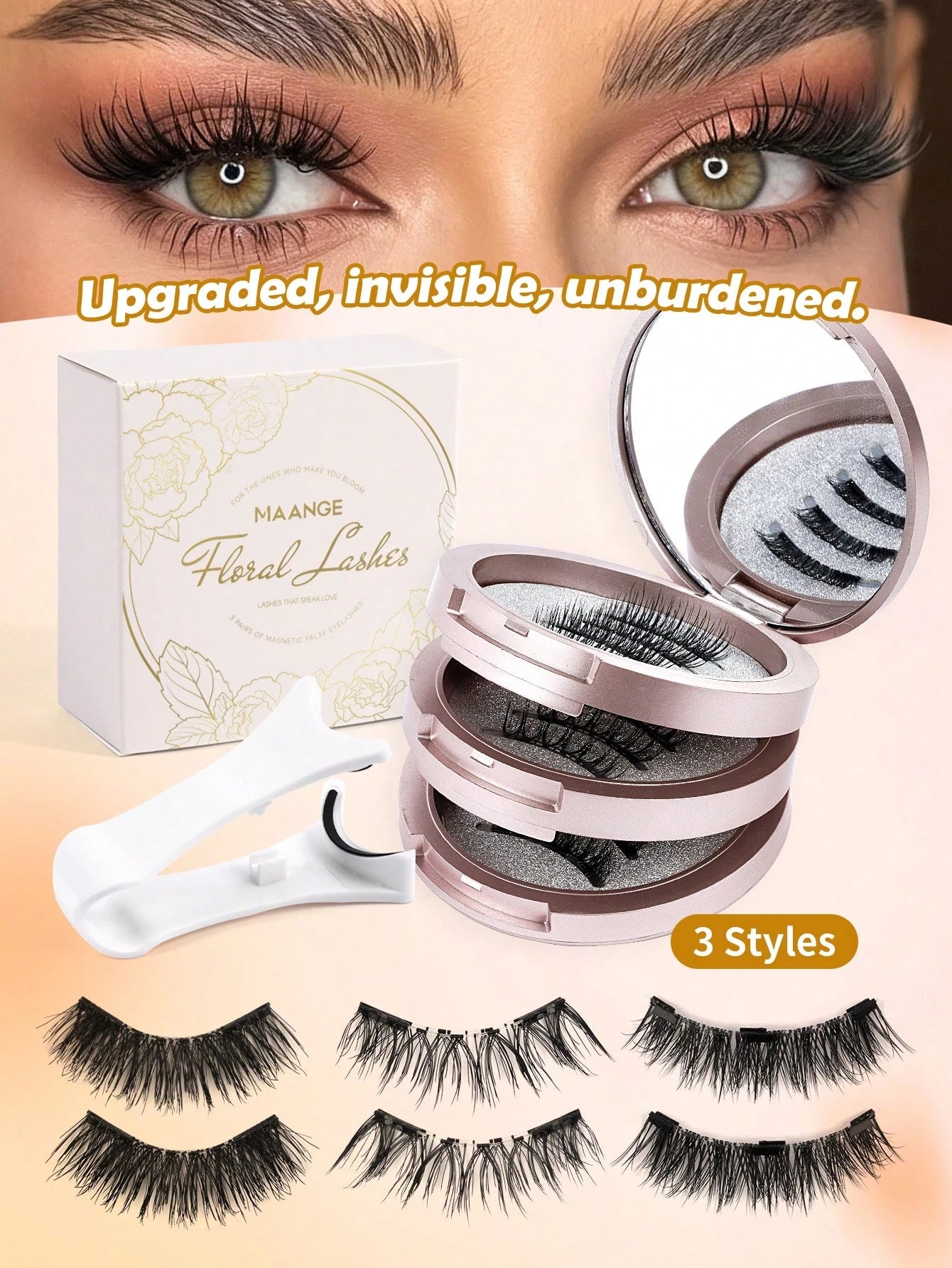 MAANGE 3 Pairs CC Voluminous Curly Magnetic False Eyelashes Set, With Reusable Eyelash Applicator, No Glue Needed, Cartoon Style False Eyelashes, Perfect Fit For Eye Contour, Natural Cartoon Style Fal