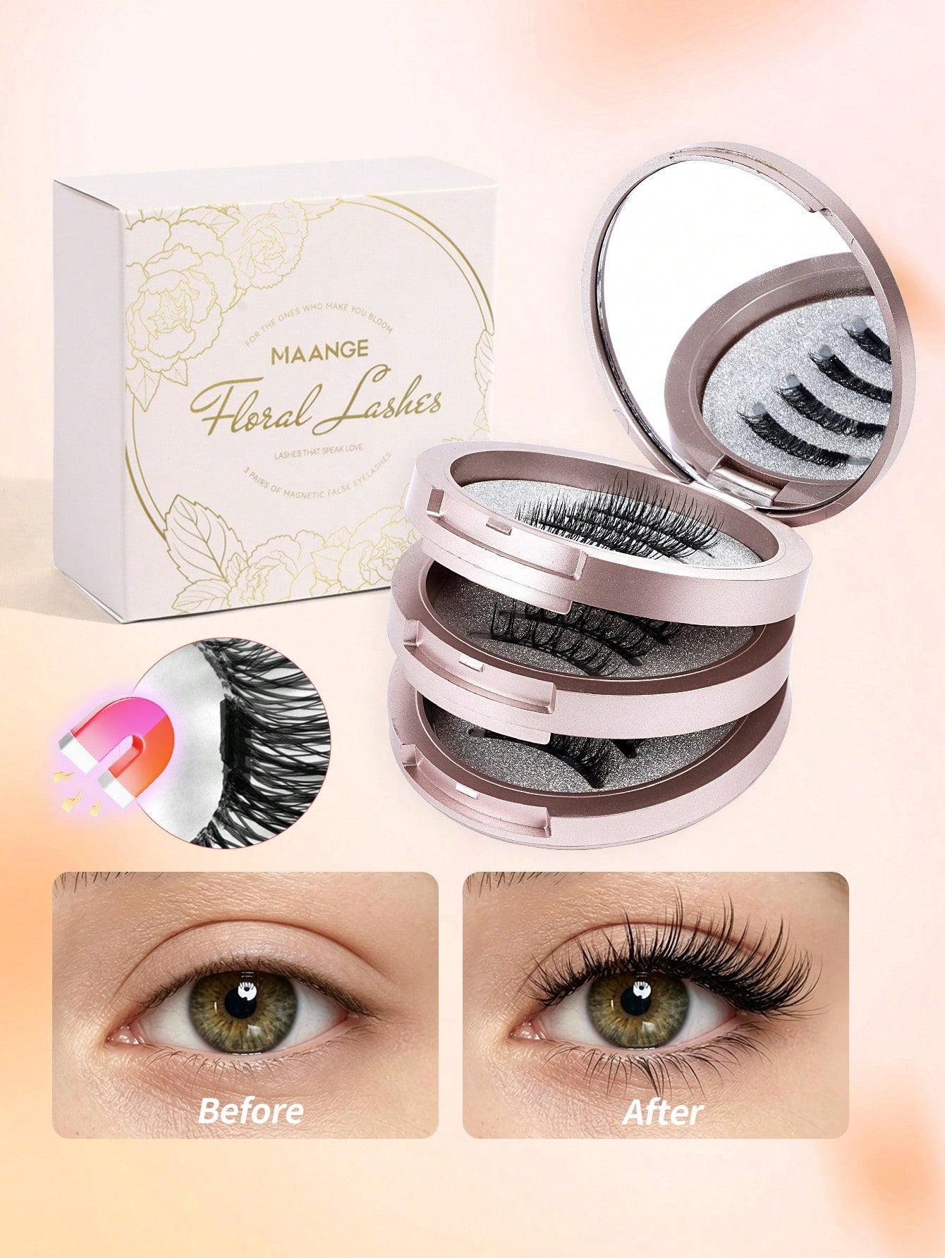 MAANGE 3 Pairs CC Voluminous Curly Magnetic False Eyelashes Set, With Reusable Eyelash Applicator, No Glue Needed, Cartoon Style False Eyelashes, Perfect Fit For Eye Contour, Natural Cartoon Style Fal