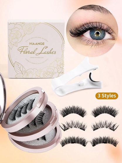 MAANGE 3 Pairs CC Voluminous Curly Magnetic False Eyelashes Set, With Reusable Eyelash Applicator, No Glue Needed, Cartoon Style False Eyelashes, Perfect Fit For Eye Contour, Natural Cartoon Style Fal
