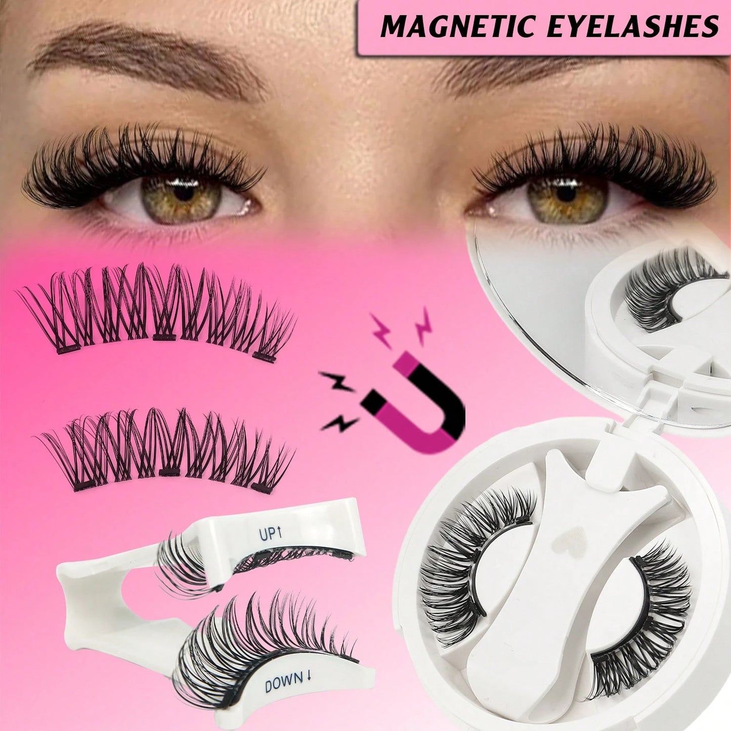 Magnetic False Eyelashes Set With Magnetic Applicator And Mirror, Portable, Natural Thick Long Curly, D Curl, Cat Eye, Reusable, 8-15mm Length, Strong Magnetic Adhesion, No Glue Or Makeup Remover Need