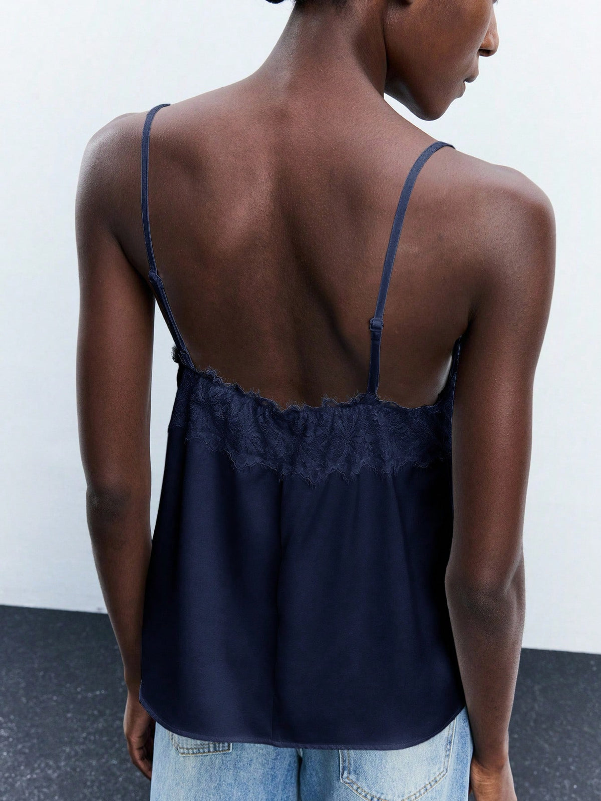 Maija Women's Contrast Lace Adjustable Spaghetti Strap Loose Cami Top, Elegant Chic Fashion Navy Blue, Summer, Everyday Casual Top Autumn Halloween