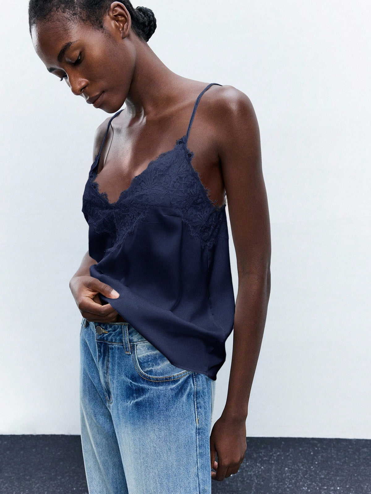 Maija Women's Contrast Lace Adjustable Spaghetti Strap Loose Cami Top, Elegant Chic Fashion Navy Blue, Summer, Everyday Casual Top Autumn Halloween