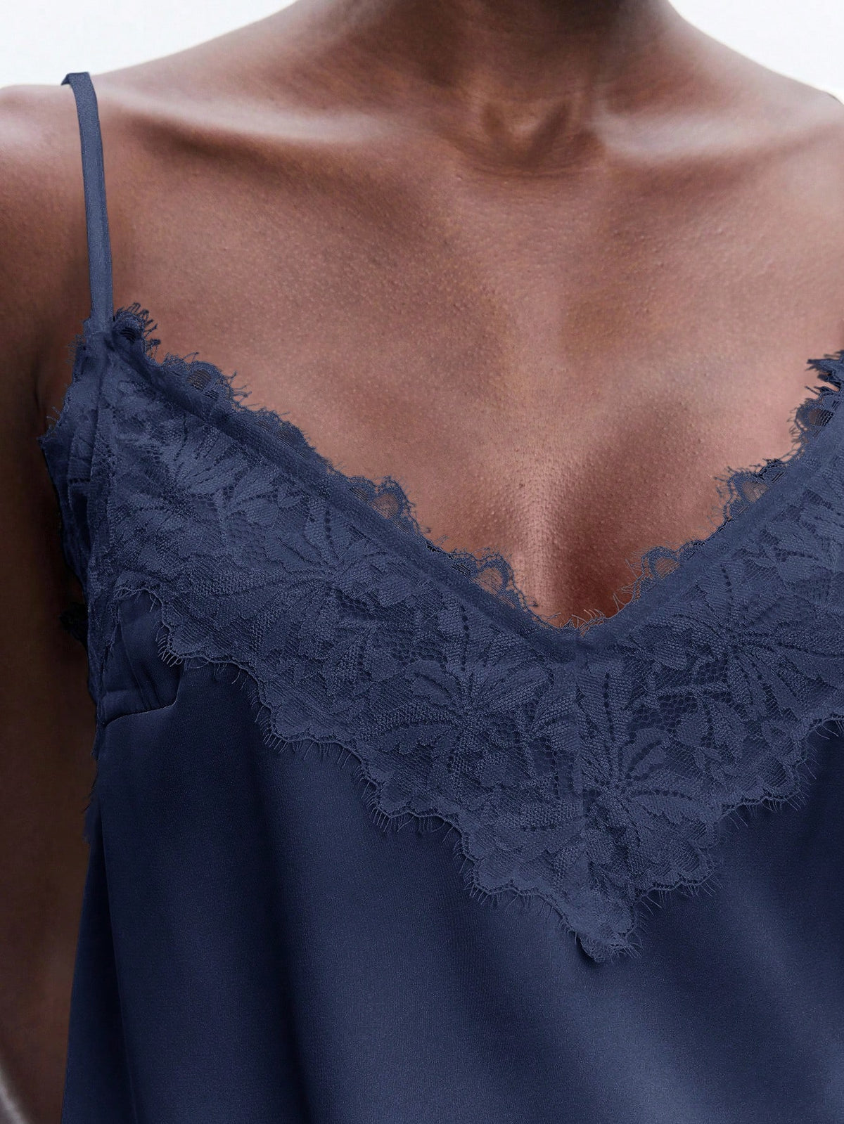 Maija Women's Contrast Lace Adjustable Spaghetti Strap Loose Cami Top, Elegant Chic Fashion Navy Blue, Summer, Everyday Casual Top Autumn Halloween