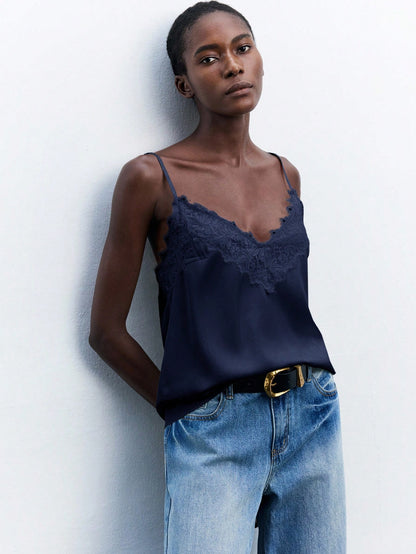 Maija Women's Contrast Lace Adjustable Spaghetti Strap Loose Cami Top, Elegant Chic Fashion Navy Blue, Summer, Everyday Casual Top Autumn Halloween