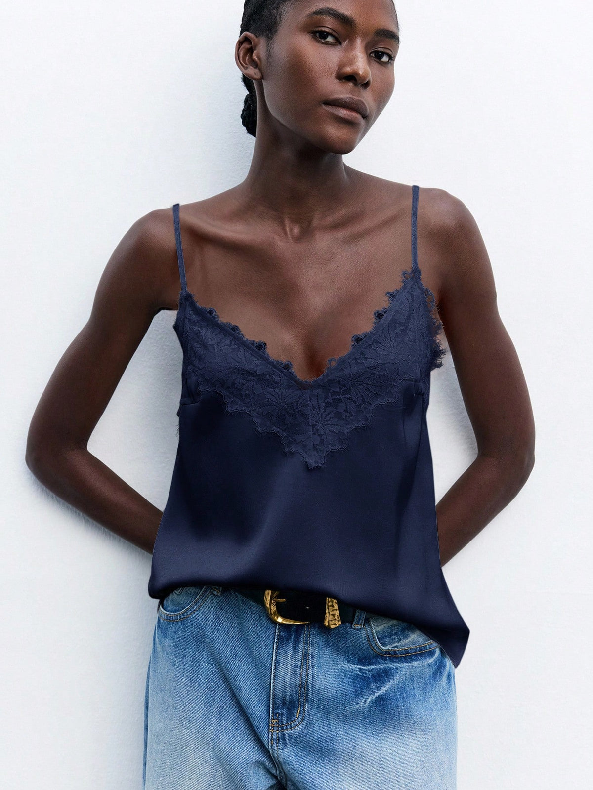 Maija Women's Contrast Lace Adjustable Spaghetti Strap Loose Cami Top, Elegant Chic Fashion Navy Blue, Summer, Everyday Casual Top Autumn Halloween
