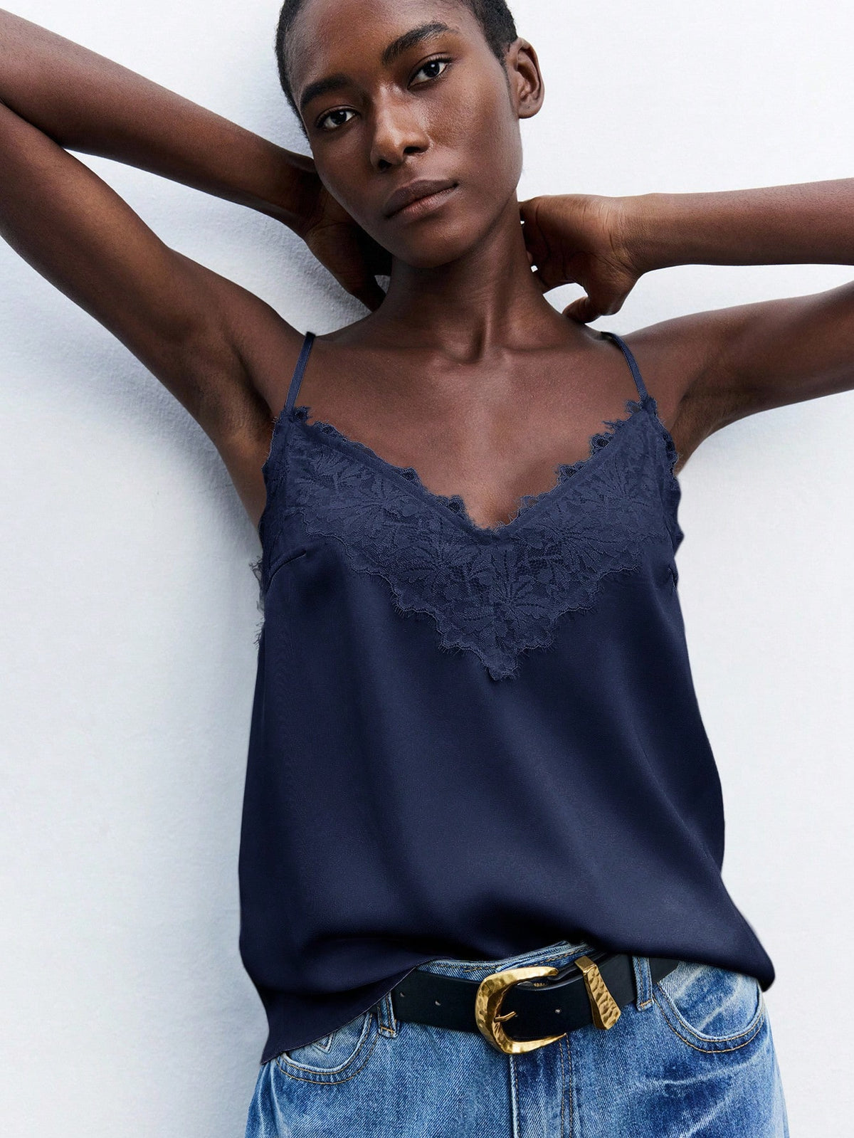 Maija Women's Contrast Lace Adjustable Spaghetti Strap Loose Cami Top, Elegant Chic Fashion Navy Blue, Summer, Everyday Casual Top Autumn Halloween