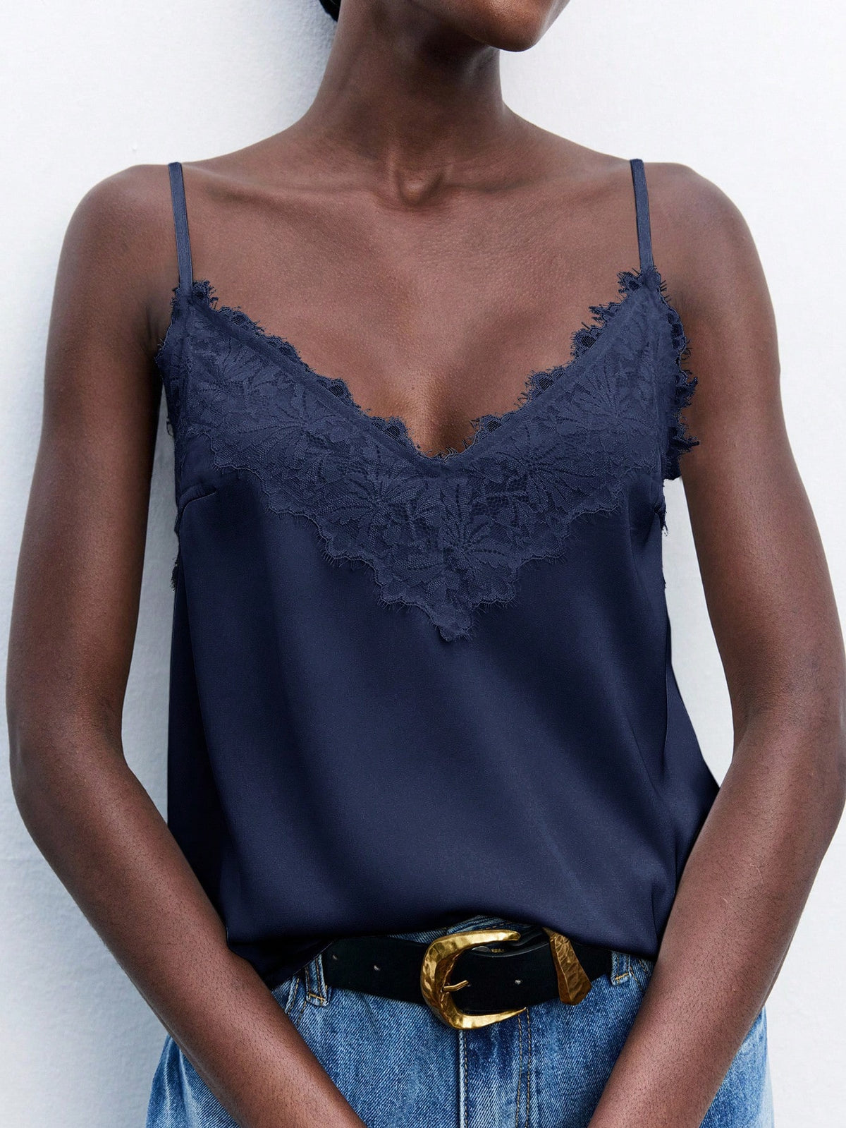 Maija Women's Contrast Lace Adjustable Spaghetti Strap Loose Cami Top, Elegant Chic Fashion Navy Blue, Summer, Everyday Casual Top Autumn Halloween