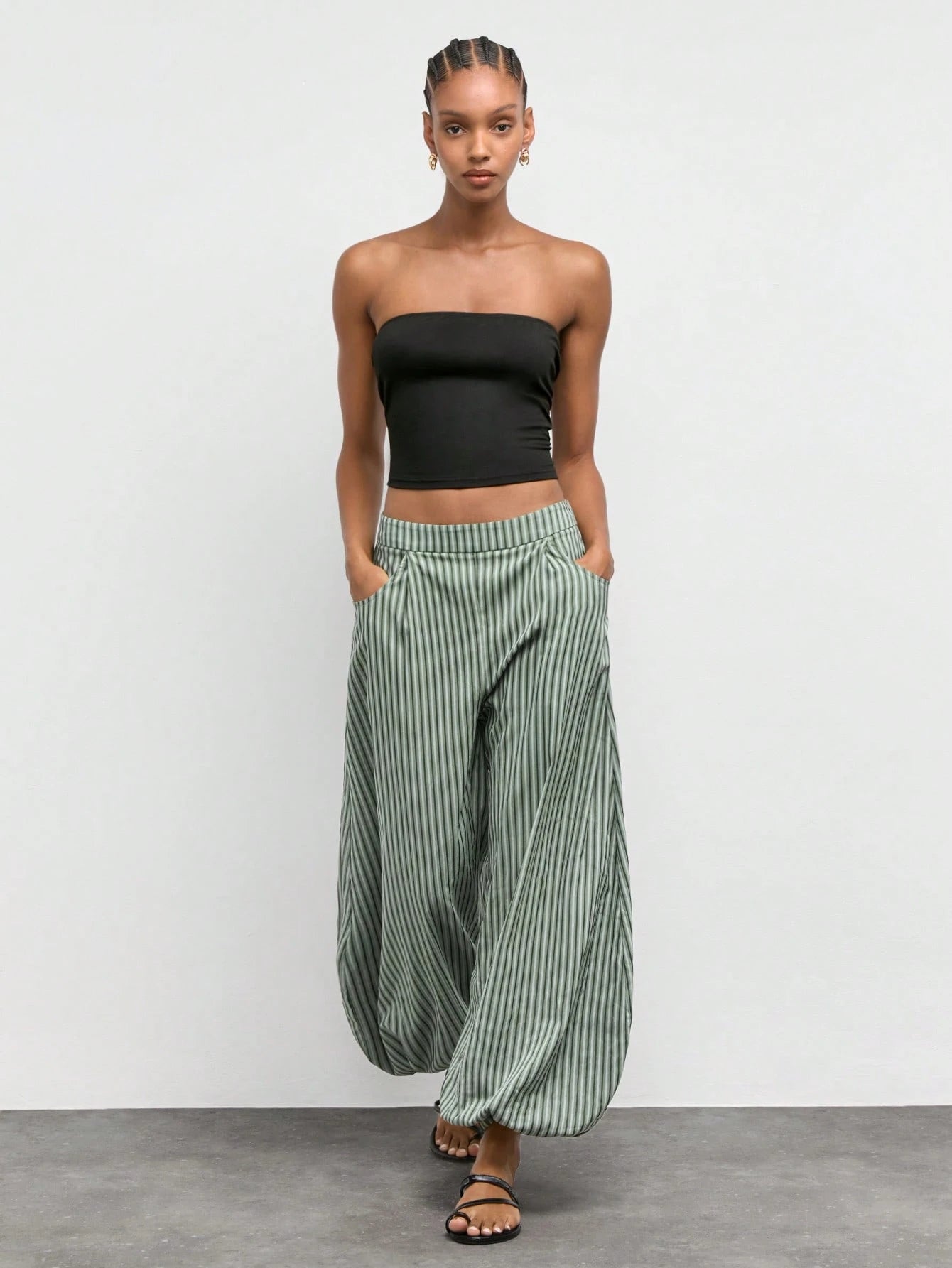 Maija Women's Green And White Striped Print Slanted Pocket Loose Casual Boho Long Pants, Vacation Outfits,Going Out Outfits