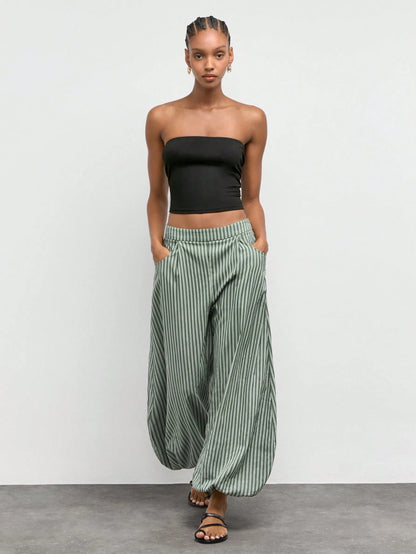 Maija Women's Green And White Striped Print Slanted Pocket Loose Casual Boho Long Pants, Vacation Outfits,Going Out Outfits