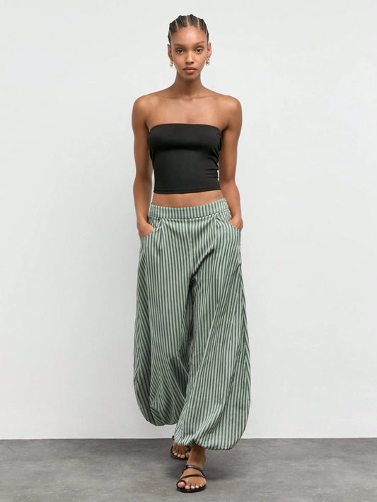 Maija Women's Green And White Striped Print Slanted Pocket Loose Casual Boho Long Pants, Vacation Outfits,Going Out Outfits