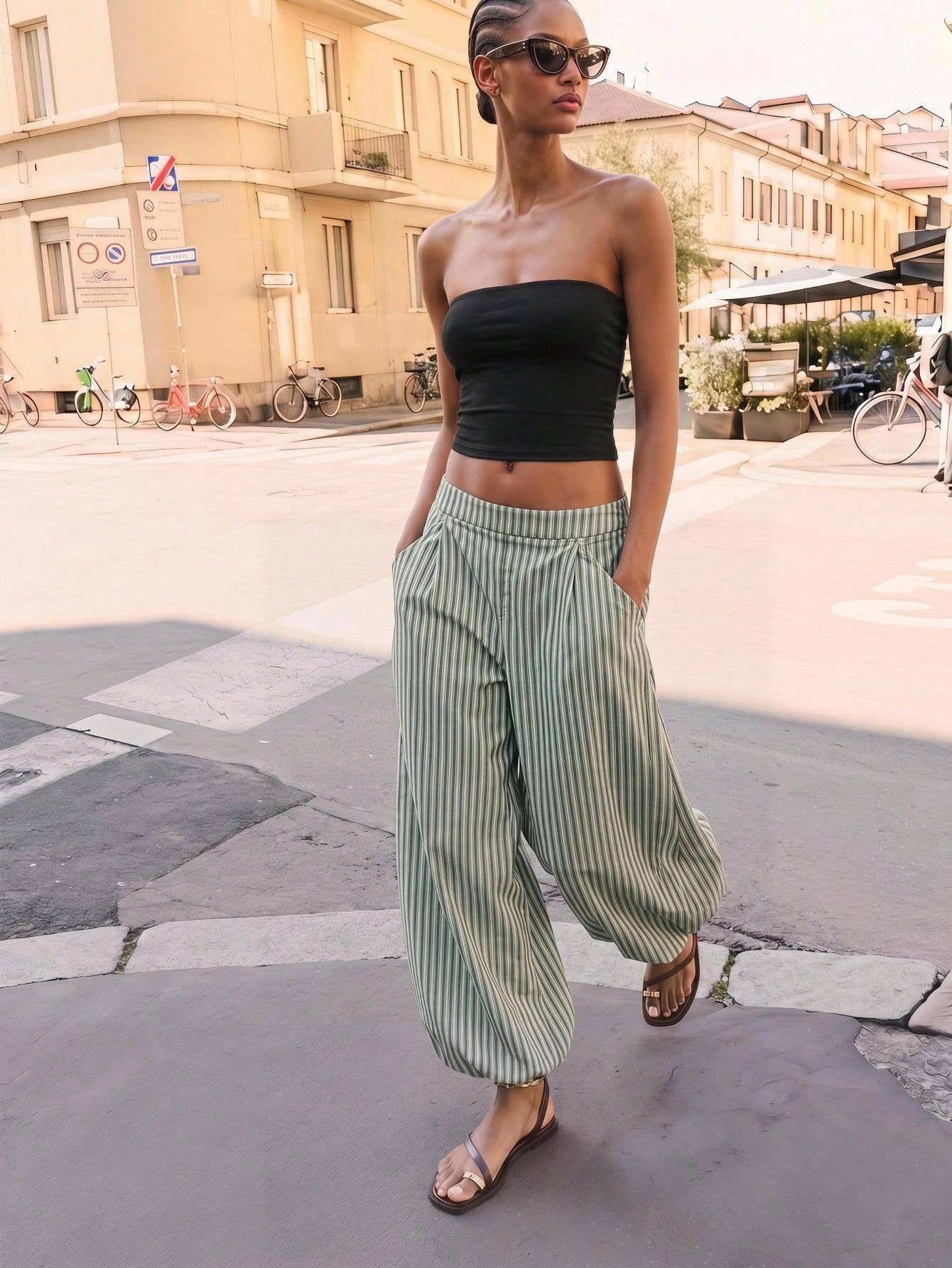 Maija Women's Green And White Striped Print Slanted Pocket Loose Casual Boho Long Pants, Vacation Outfits,Going Out Outfits