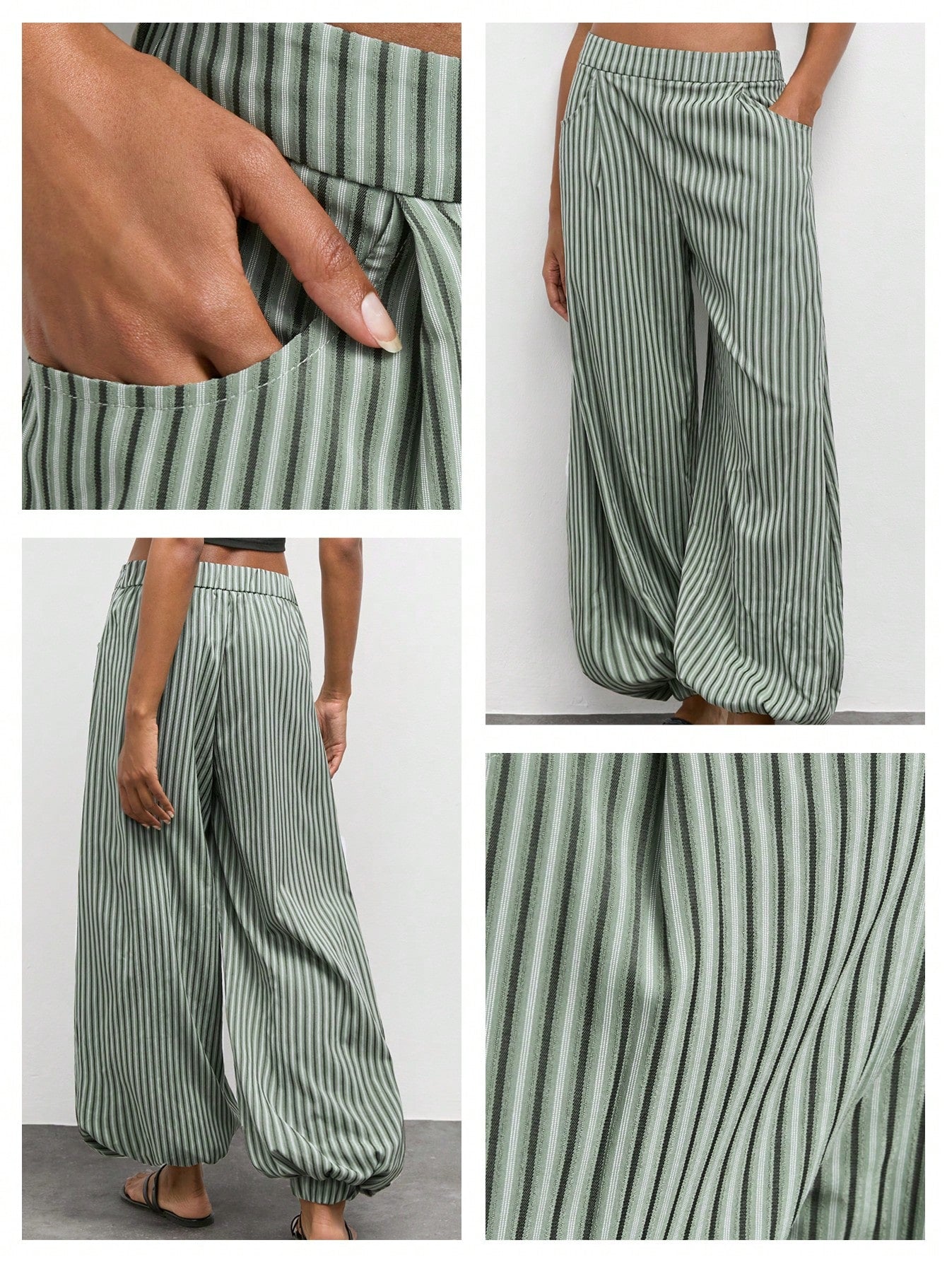 Maija Women's Green And White Striped Print Slanted Pocket Loose Casual Boho Long Pants, Vacation Outfits,Going Out Outfits