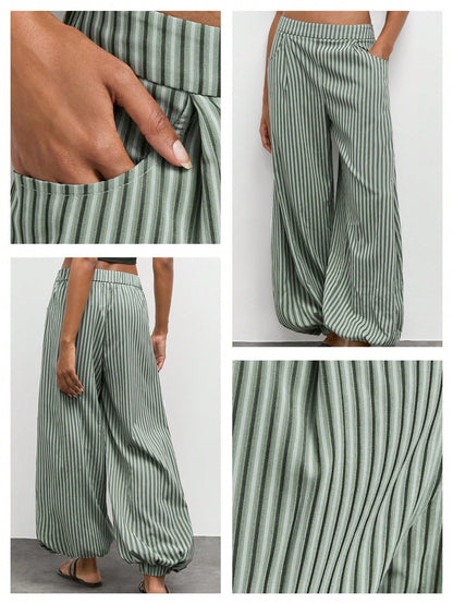 Maija Women's Green And White Striped Print Slanted Pocket Loose Casual Boho Long Pants, Vacation Outfits,Going Out Outfits