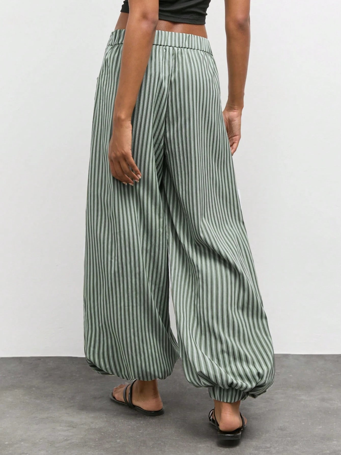 Maija Women's Green And White Striped Print Slanted Pocket Loose Casual Boho Long Pants, Vacation Outfits,Going Out Outfits