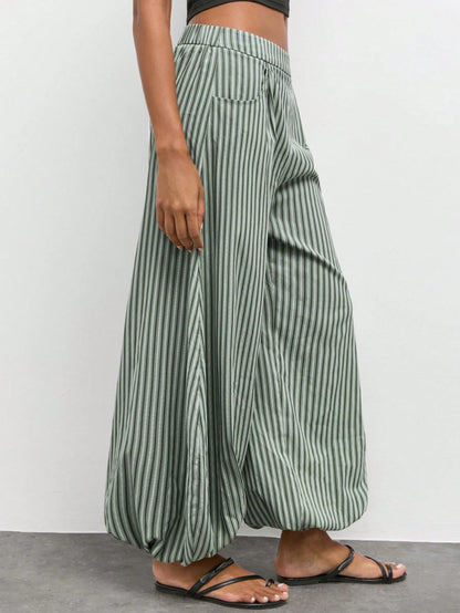 Maija Women's Green And White Striped Print Slanted Pocket Loose Casual Boho Long Pants, Vacation Outfits,Going Out Outfits