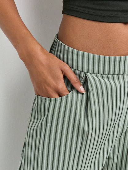 Maija Women's Green And White Striped Print Slanted Pocket Loose Casual Boho Long Pants, Vacation Outfits,Going Out Outfits