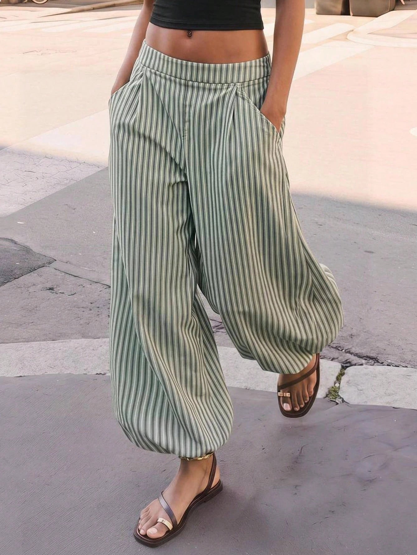 Maija Women's Green And White Striped Print Slanted Pocket Loose Casual Boho Long Pants, Vacation Outfits,Going Out Outfits
