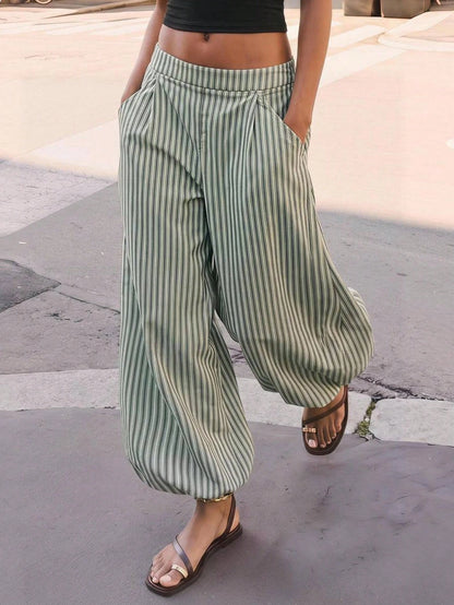 Maija Women's Green And White Striped Print Slanted Pocket Loose Casual Boho Long Pants, Vacation Outfits,Going Out Outfits