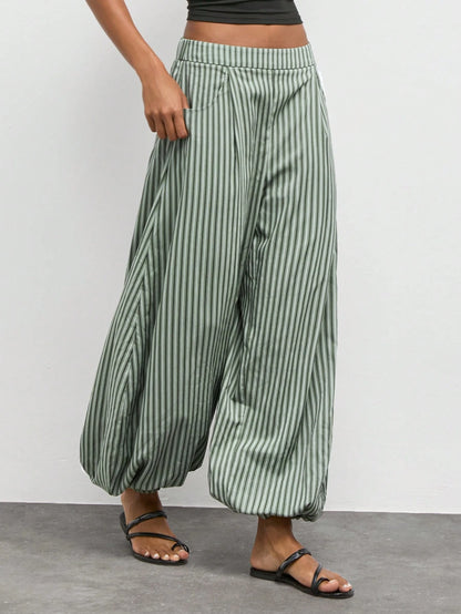 Maija Women's Green And White Striped Print Slanted Pocket Loose Casual Boho Long Pants, Vacation Outfits,Going Out Outfits