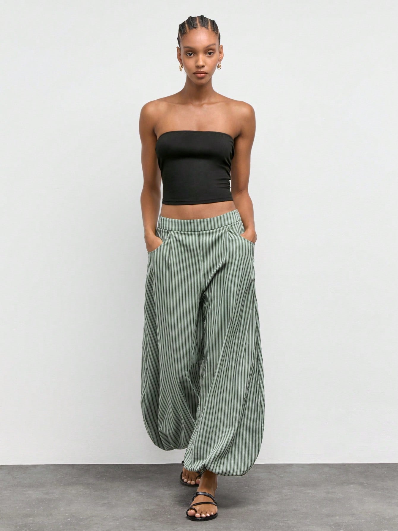 Maija Women's Green And White Striped Print Slanted Pocket Loose Casual Boho Long Pants, Vacation Outfits,Going Out Outfits