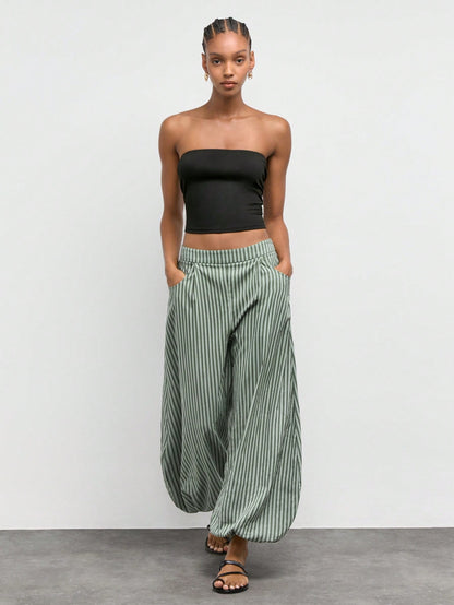 Maija Women's Green And White Striped Print Slanted Pocket Loose Casual Boho Long Pants, Vacation Outfits,Going Out Outfits