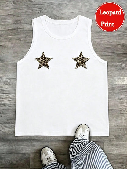 Manfinity Dauomo Men's Star & Leopard Print Sleeveless Tank Top Star Tops Star Tshirt Star Tank Top Gym Vests For Men Tanktops For Men