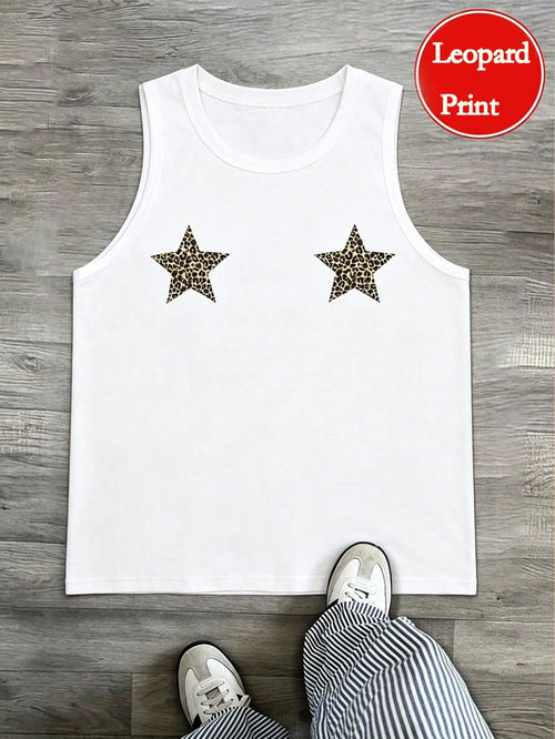 Manfinity Dauomo Men's Star & Leopard Print Sleeveless Tank Top Star Tops Star Tshirt Star Tank Top Gym Vests For Men Tanktops For Men