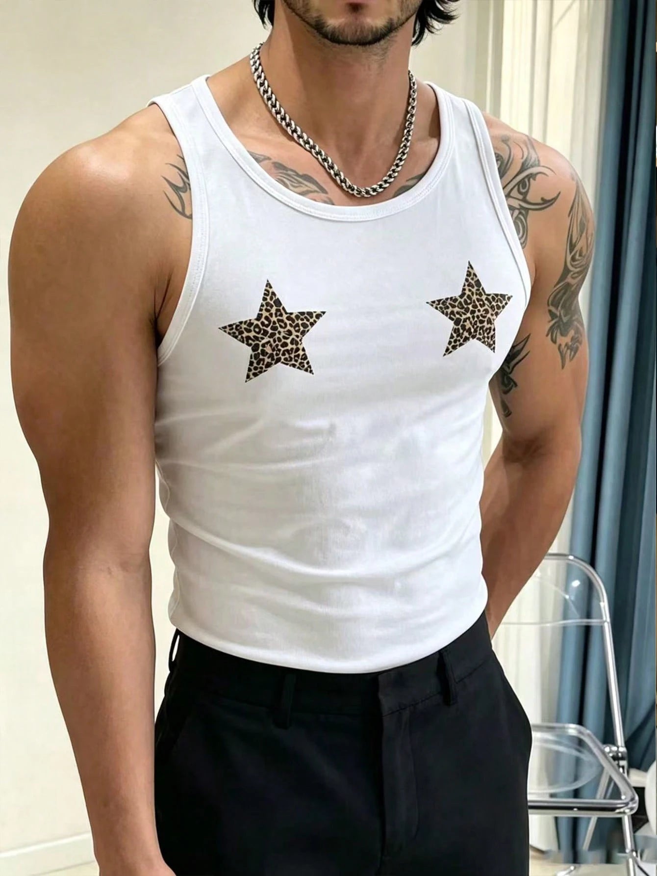 Manfinity Dauomo Men's Star & Leopard Print Sleeveless Tank Top Star Tops Star Tshirt Star Tank Top Gym Vests For Men Tanktops For Men
