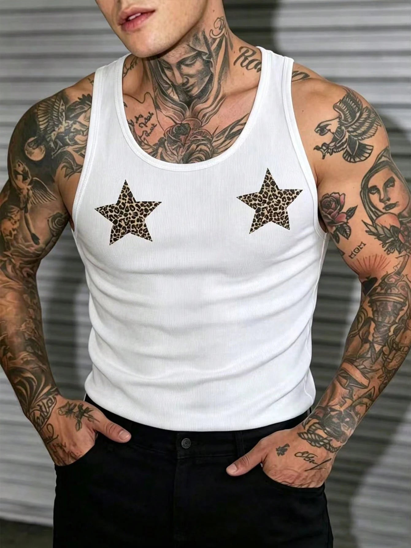 Manfinity Dauomo Men's Star & Leopard Print Sleeveless Tank Top Star Tops Star Tshirt Star Tank Top Gym Vests For Men Tanktops For Men