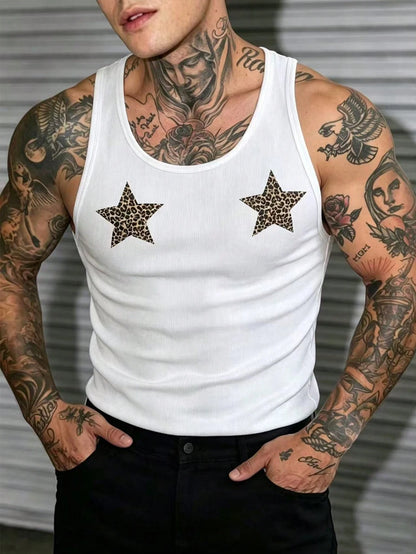 Manfinity Dauomo Men's Star & Leopard Print Sleeveless Tank Top Star Tops Star Tshirt Star Tank Top Gym Vests For Men Tanktops For Men