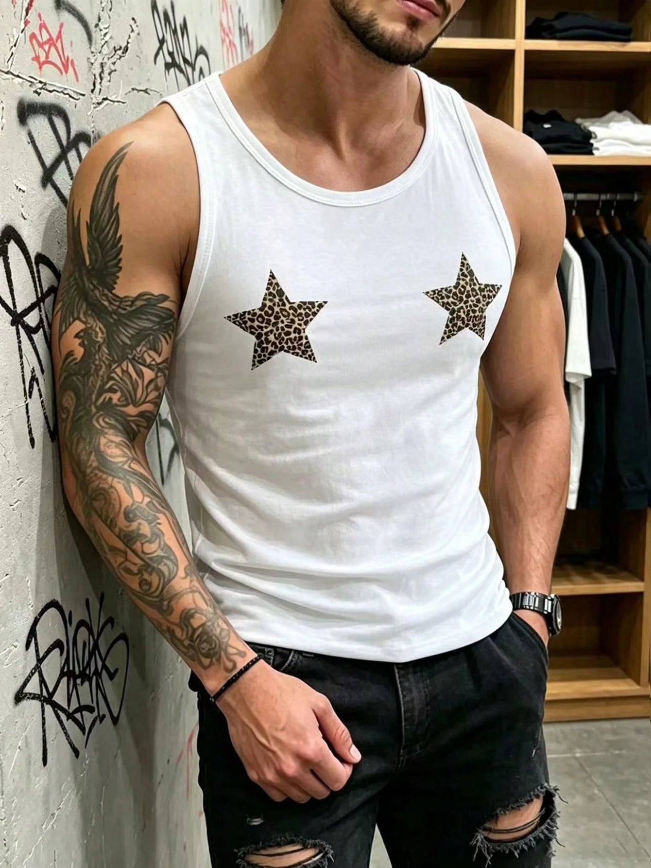 Manfinity Dauomo Men's Star & Leopard Print Sleeveless Tank Top Star Tops Star Tshirt Star Tank Top Gym Vests For Men Tanktops For Men