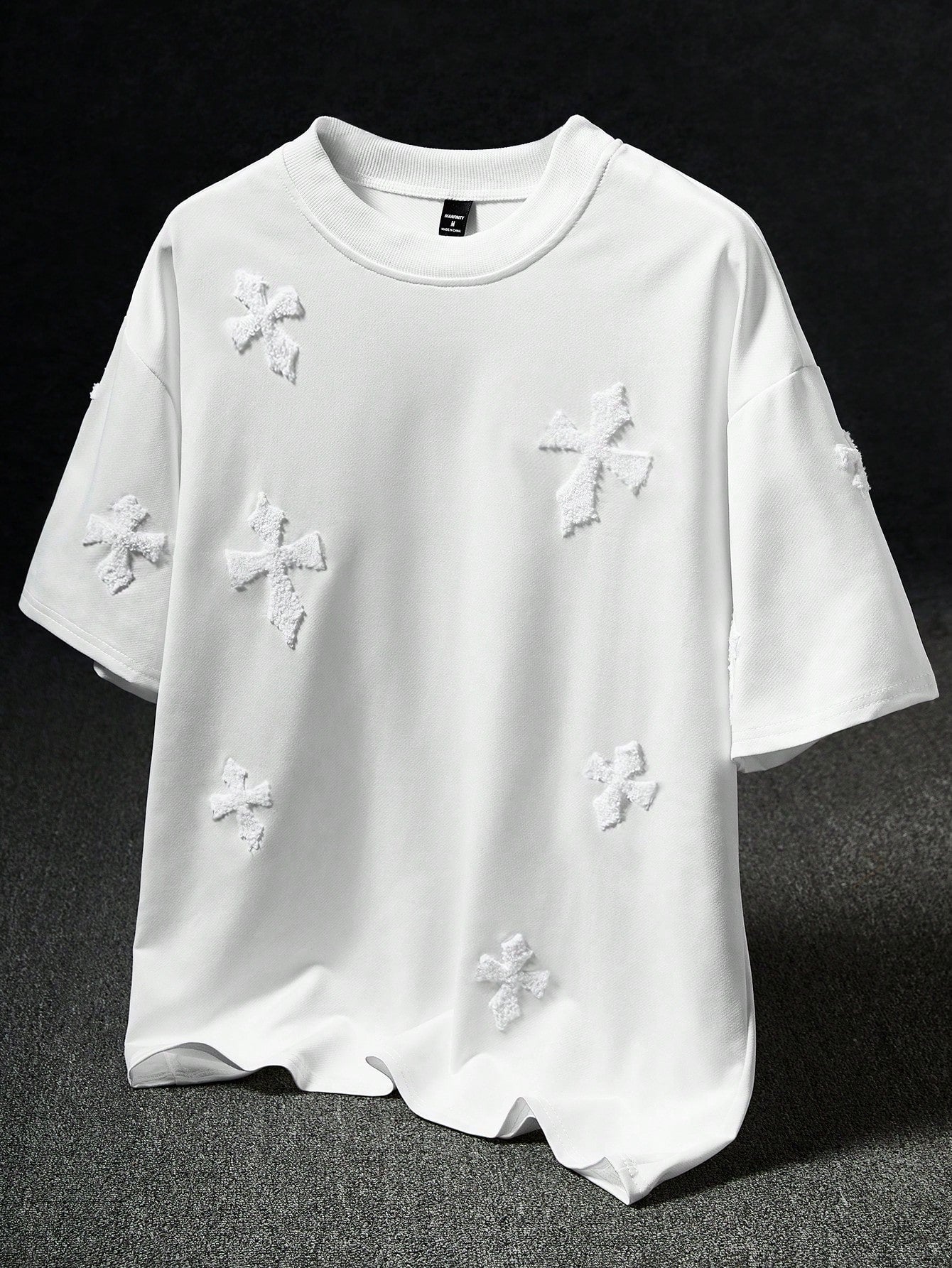 Manfinity EMRG Men Plus Street-Style Popular INS Matching Cross Full-Print Towel Embroidery, Daily, Boyfriend/Husband Gift, Anniversary Gift, White T-Shirt