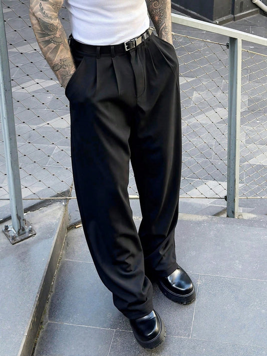 Manfinity Homme Men Plus Size Black Suit Pants, Casual Versatile Straight-Leg Trousers, Ceremony, Formal