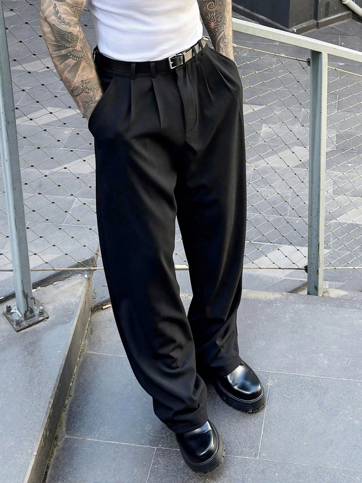 Manfinity Homme Men Plus Size Black Suit Pants, Casual Versatile Straight-Leg Trousers, Ceremony, Formal