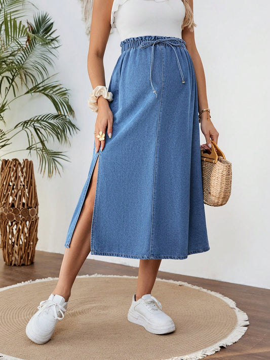 Maternity With Tie Waist Side Slit Casual Blue Loose Denim Skirt, Summer, Spring For Women, Vacation Woman, Suitable For Parties, Holidays, Dates, Mother's Day Gift
