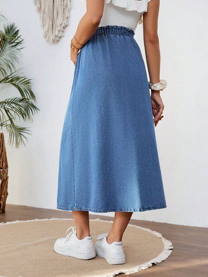 Maternity With Tie Waist Side Slit Casual Blue Loose Denim Skirt, Summer, Spring For Women, Vacation Woman, Suitable For Parties, Holidays, Dates, Mother's Day Gift