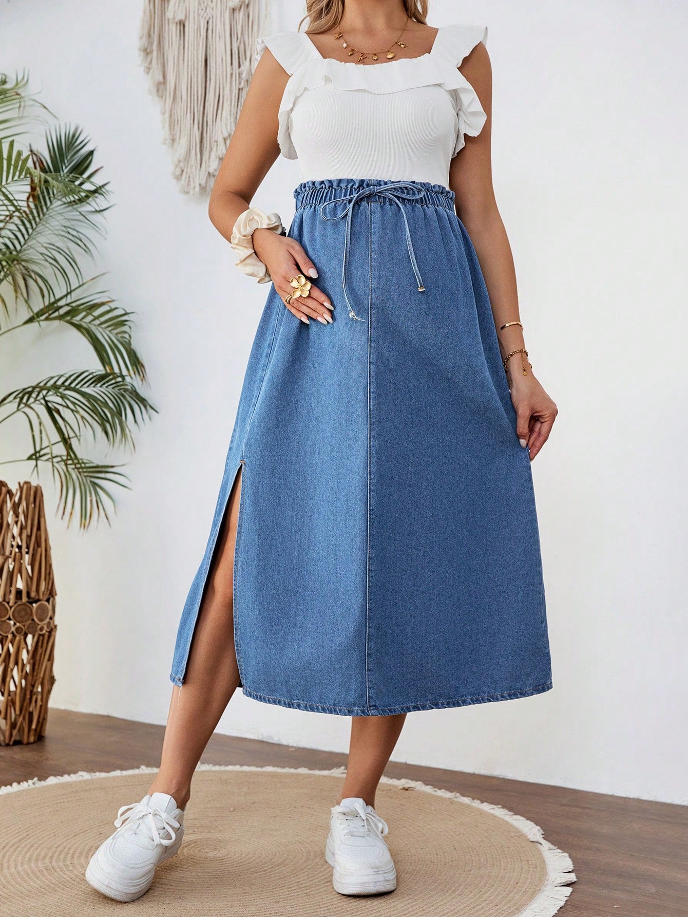 Maternity With Tie Waist Side Slit Casual Blue Loose Denim Skirt, Summer, Spring For Women, Vacation Woman, Suitable For Parties, Holidays, Dates, Mother's Day Gift