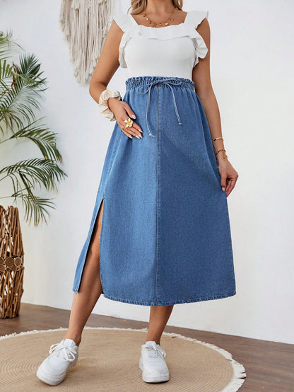 Maternity With Tie Waist Side Slit Casual Blue Loose Denim Skirt, Summer, Spring For Women, Vacation Woman, Suitable For Parties, Holidays, Dates, Mother's Day Gift