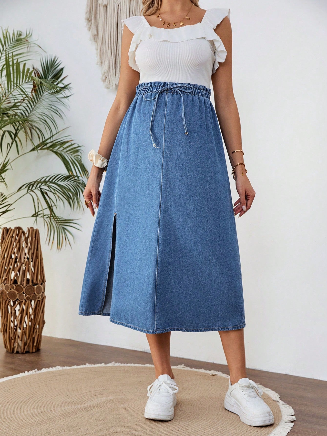 Maternity With Tie Waist Side Slit Casual Blue Loose Denim Skirt, Summer, Spring For Women, Vacation Woman, Suitable For Parties, Holidays, Dates, Mother's Day Gift