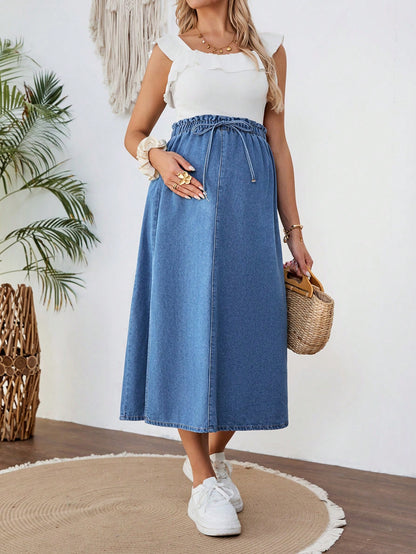 Maternity With Tie Waist Side Slit Casual Blue Loose Denim Skirt, Summer, Spring For Women, Vacation Woman, Suitable For Parties, Holidays, Dates, Mother's Day Gift