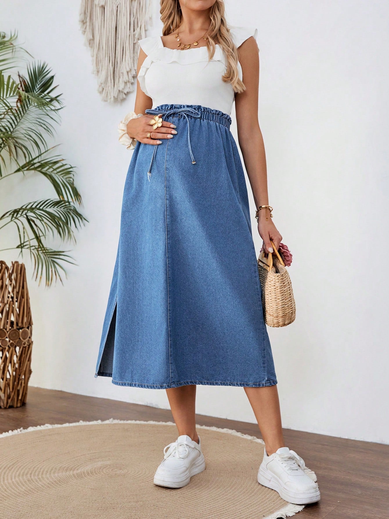 Maternity With Tie Waist Side Slit Casual Blue Loose Denim Skirt, Summer, Spring For Women, Vacation Woman, Suitable For Parties, Holidays, Dates, Mother's Day Gift