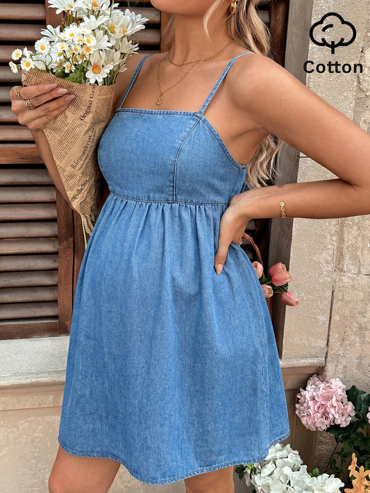 Maternity Women's Sleeveless Denim Mini Dress,Summer Everyday Smart Casual Dusky Blue Backless Adjustable Strap Empire Waist Flared Sundress Costume