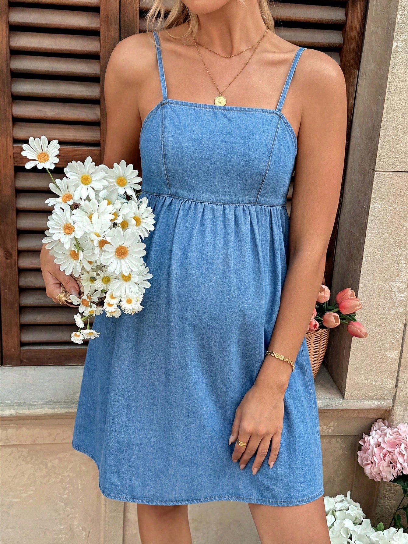 Maternity Women's Sleeveless Denim Mini Dress,Summer Everyday Smart Casual Dusky Blue Backless Adjustable Strap Empire Waist Flared Sundress Costume