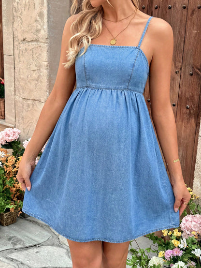 Maternity Women's Sleeveless Denim Mini Dress,Summer Everyday Smart Casual Dusky Blue Backless Adjustable Strap Empire Waist Flared Sundress Costume