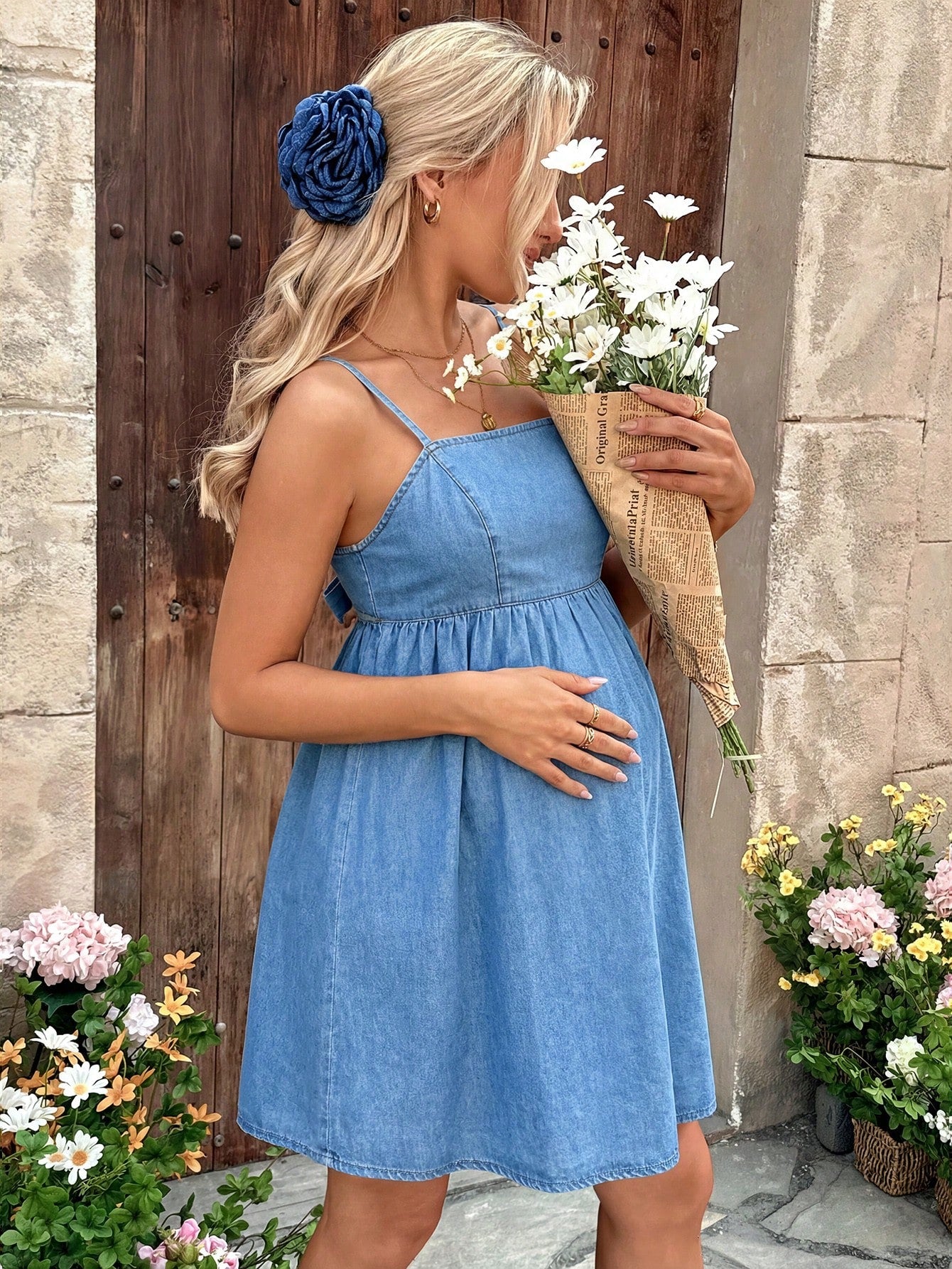 Maternity Women's Sleeveless Denim Mini Dress,Summer Everyday Smart Casual Dusky Blue Backless Adjustable Strap Empire Waist Flared Sundress Costume
