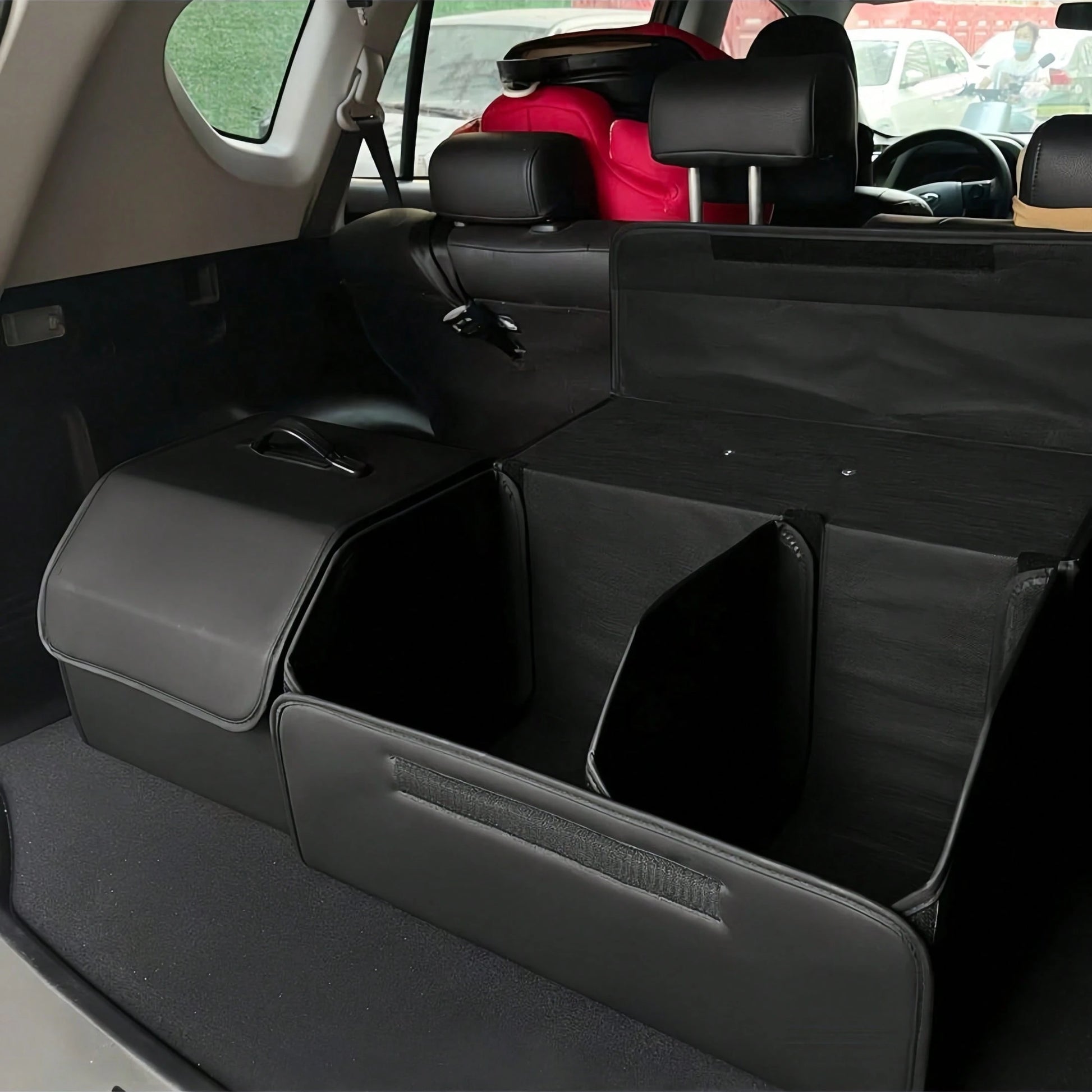 Matte Black Leather Foldable Car Storage Box With Removable Divider, Flexible Compartment Organization For Tools And Sundries, Thick Wear-Resistant Easy-To-Clean, Portable Handle Design, Dual-Use For