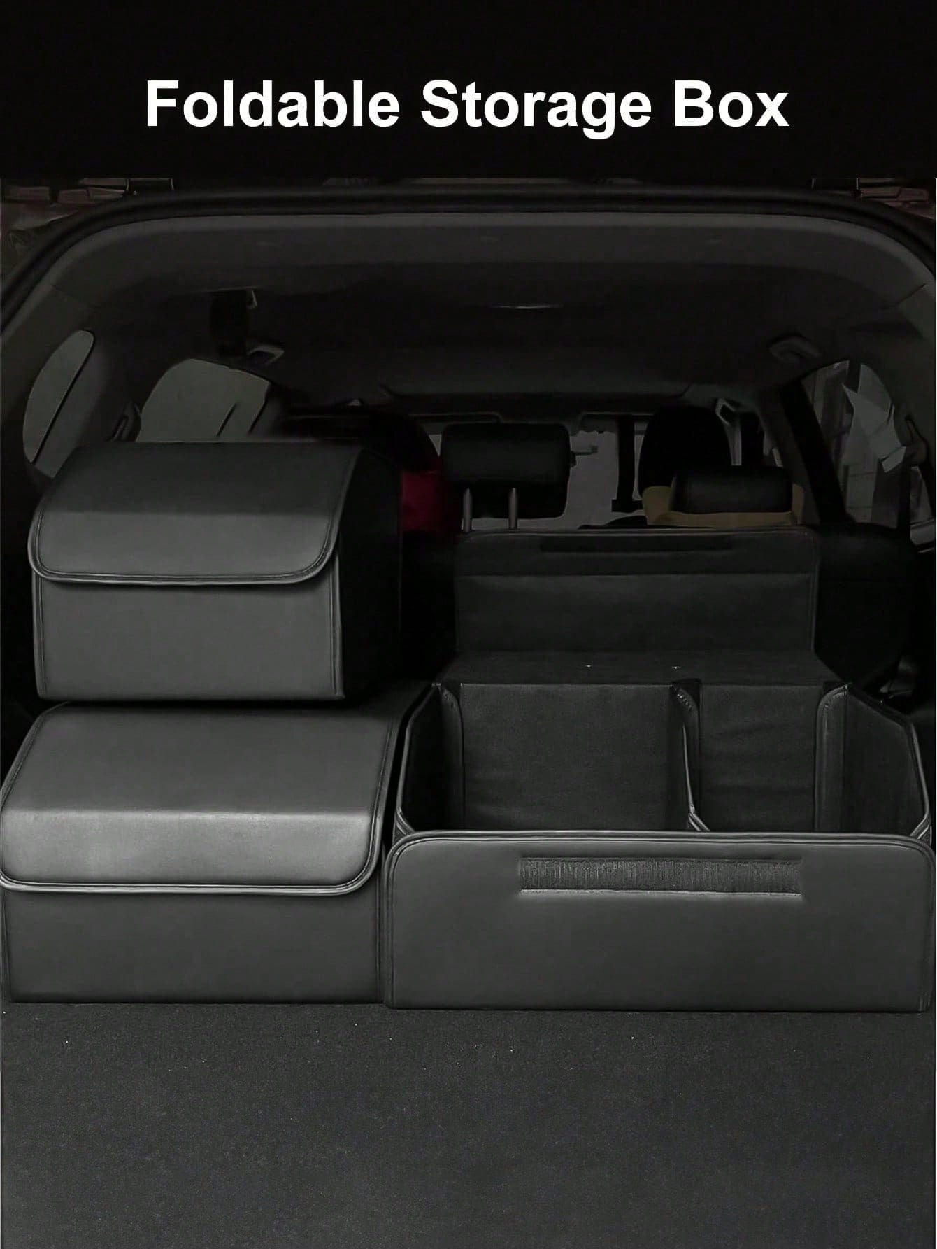Matte Black Leather Foldable Car Storage Box With Removable Divider, Flexible Compartment Organization For Tools And Sundries, Thick Wear-Resistant Easy-To-Clean, Portable Handle Design, Dual-Use For